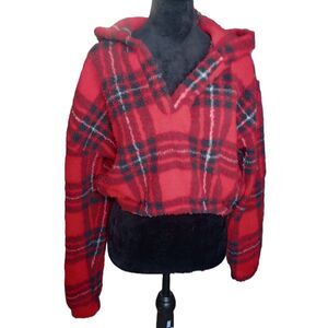 Weekending Women's Size Large Red Plaid Cropped Pullover Sweatshirt-NWT